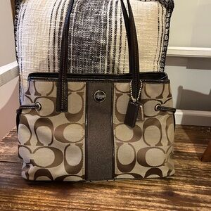 Coach F21949 Carryall Signature Stripe Canvas Tote Bag in Brown Mahogany Khaki